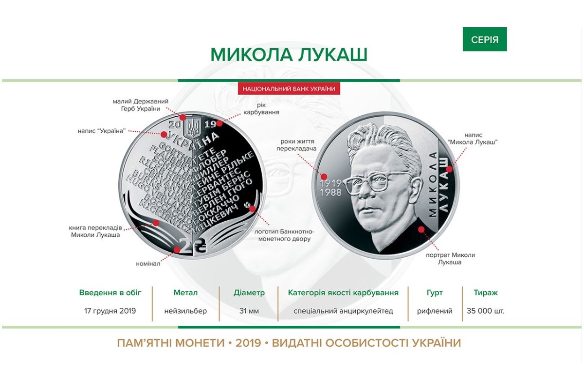 Забутий поліглот: монету з портретом Миколи Лукаша НБУ випускає в обіг з 17 грудня Забутий поліглот: монету з портретом Миколи Лукаша НБУ випускає в обіг з 17 грудня