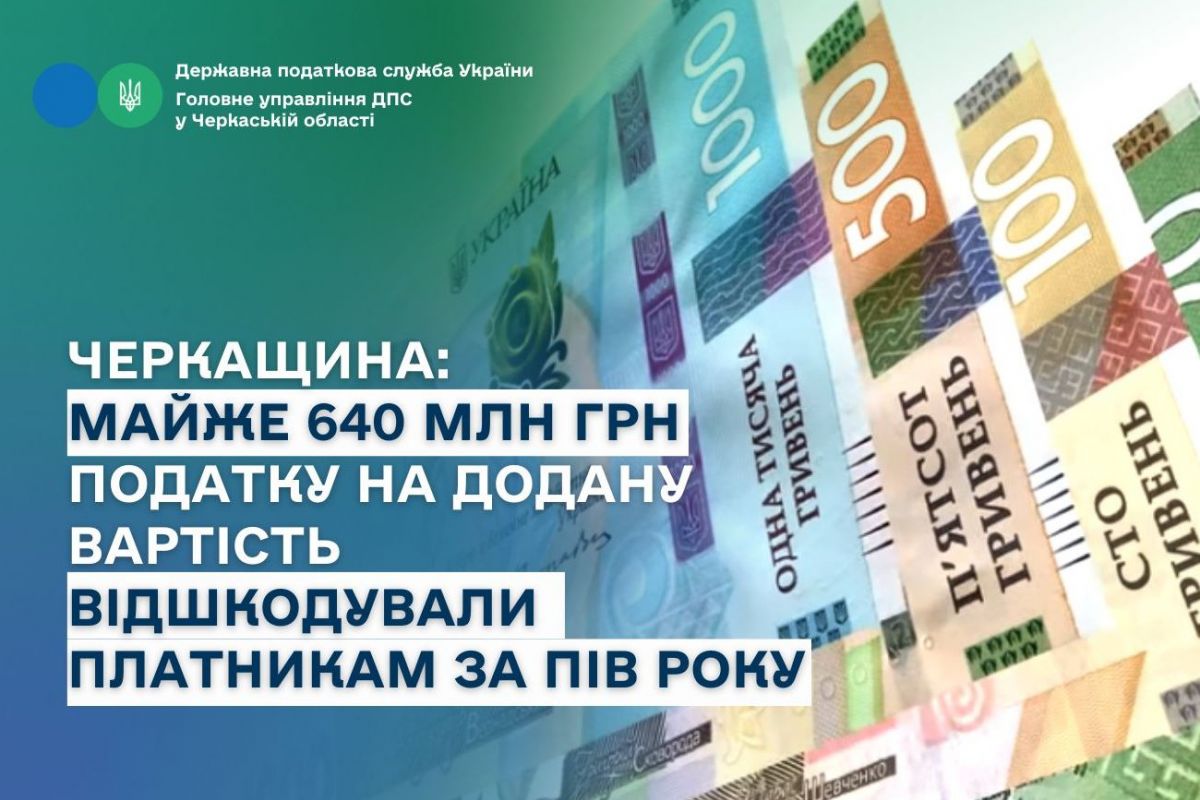 Черкащина: майже 640 млн грн податку на додану вартість відшкодували платникам за пів року Черкащина: майже 640 млн грн податку на додану вартість відшкодували платникам за пів року
