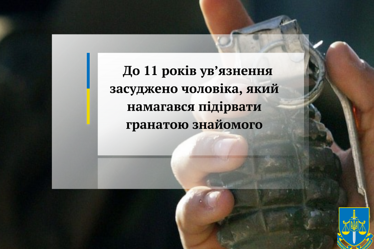 До 11 років ув’язнення засуджено чоловіка, який намагався підірвати гранатою знайомого До 11 років ув’язнення засуджено чоловіка, який намагався підірвати гранатою знайомого