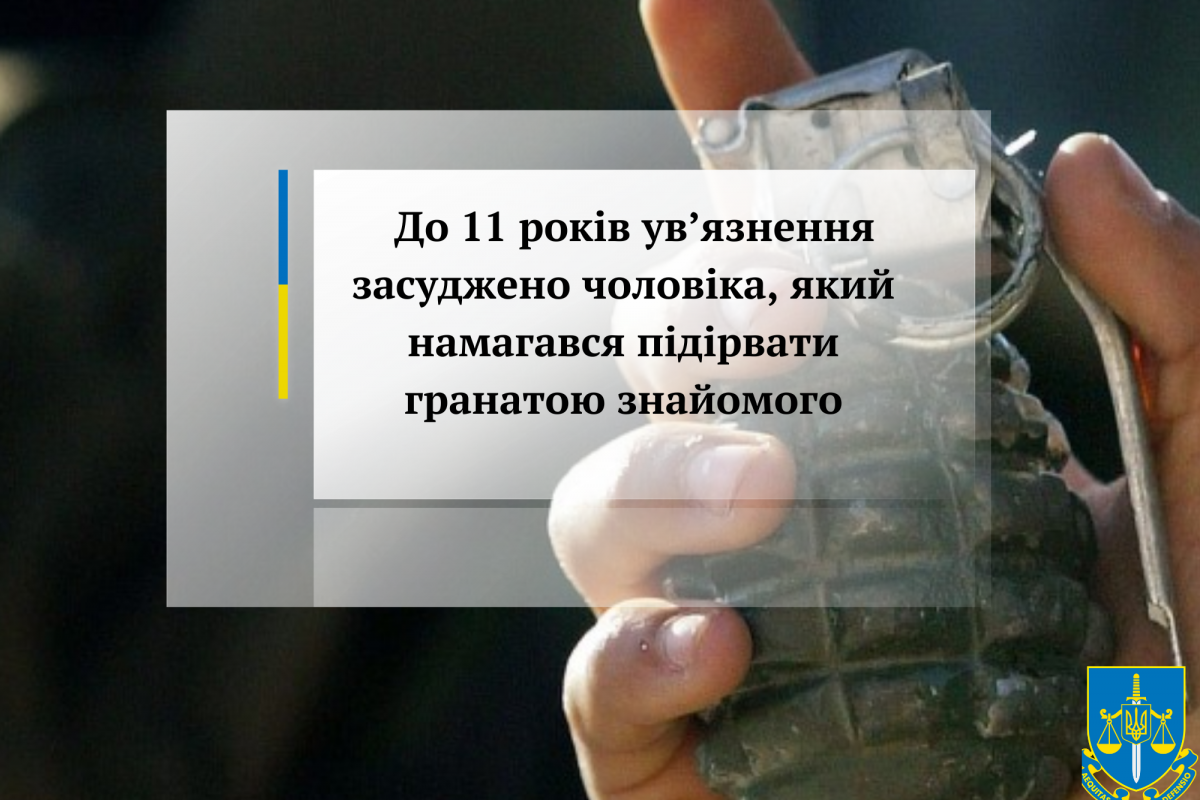 До 11 років ув’язнення засуджено чоловіка, який намагався підірвати гранатою знайомого     