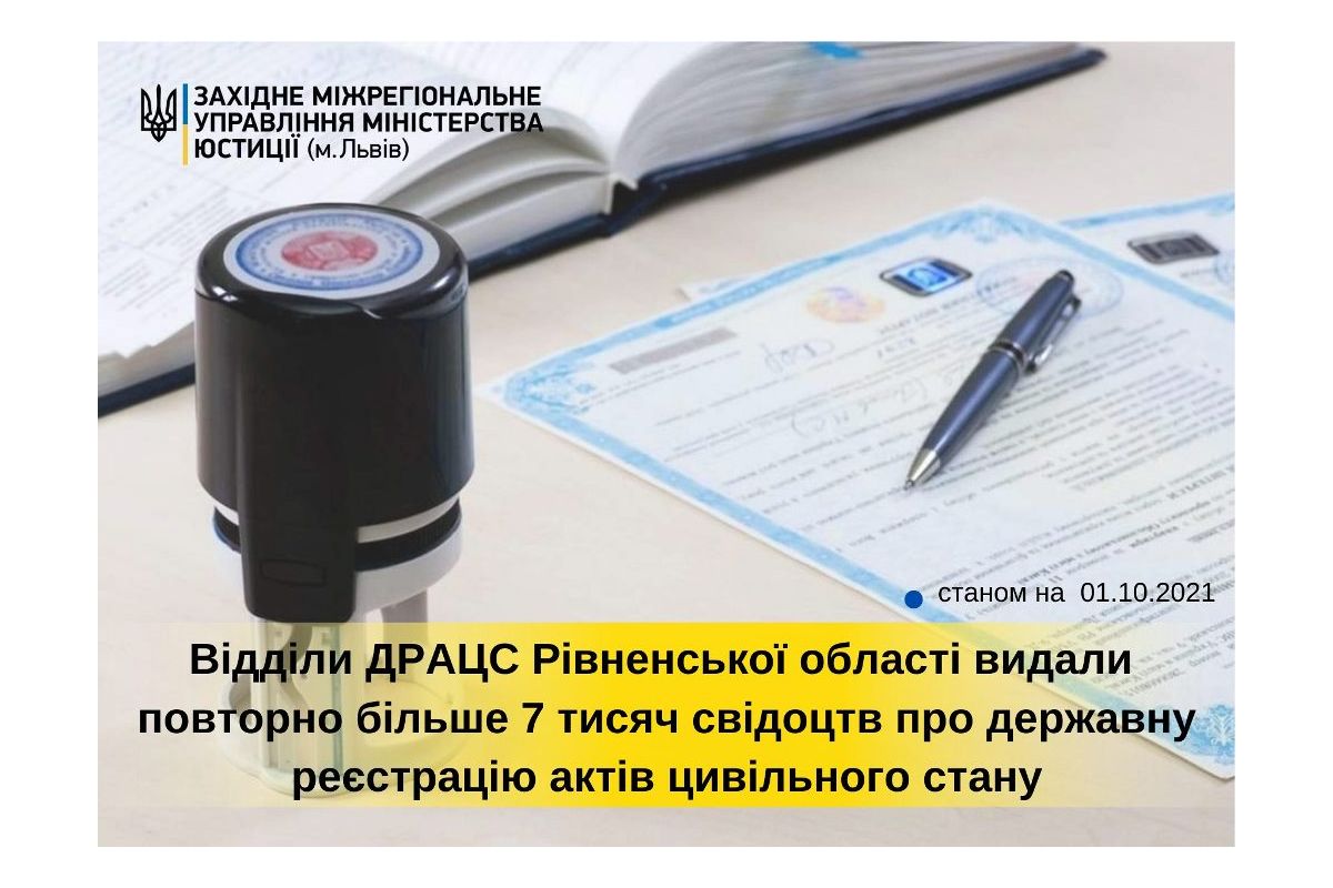 Відділи ДРАЦС Рівненської області видали повторно більше семи тисяч свідоцтв про державну реєстрацію актів цивільного стану