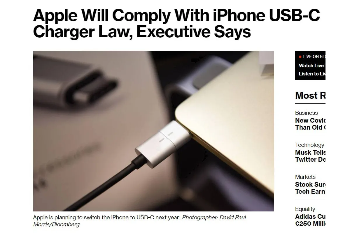 Apple планує перевести iPhone на тип заряджання USB-C вже наступного року, – Bloomberg