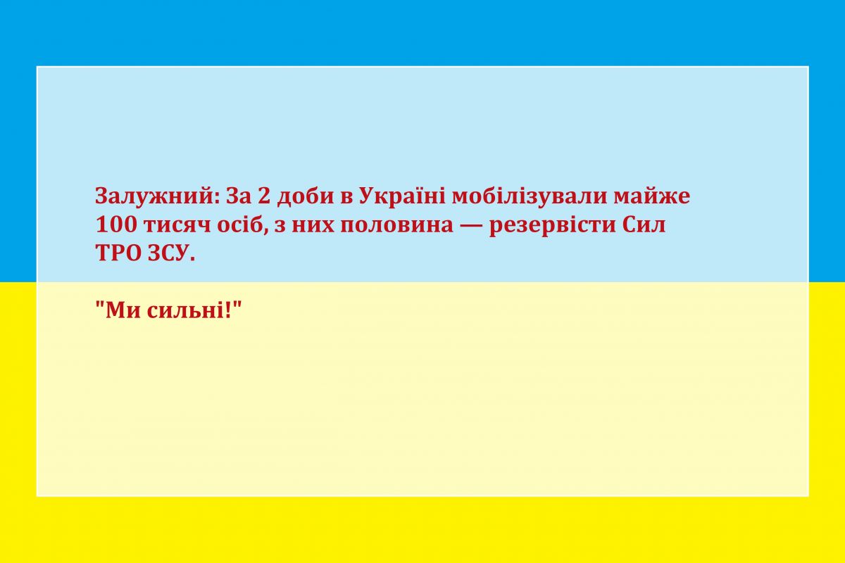 Російське вторгнення в Україну : Валерій Залужний: За 2 доби в Україні мобілізували майже 100 тисяч осіб, з них половина — резервісти Сил ТРО ЗСУ. "Ми сильні!" Російське вторгнення в Україну : Валерій Залужний: За 2 доби в Україні мобілізували майже 100 тисяч осіб, з них половина — резервісти Сил ТРО ЗСУ. "Ми сильні!"