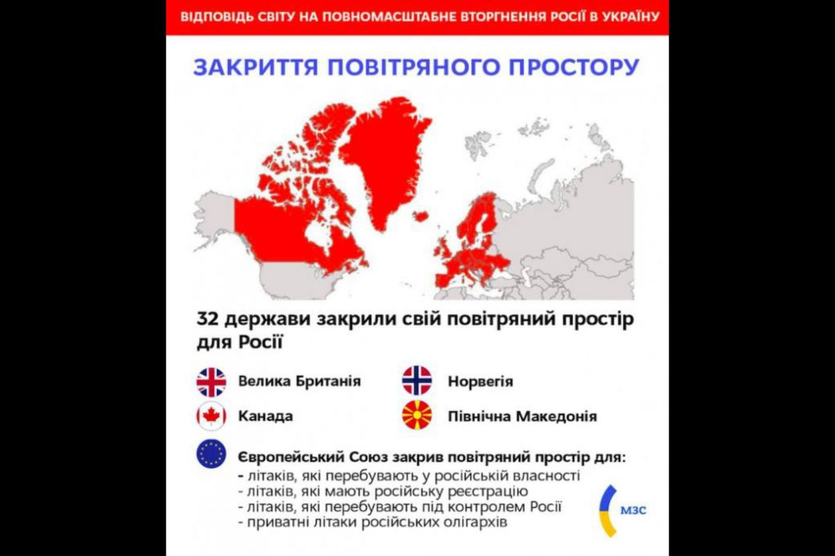 Майже все європейське та північноамериканське небо вже закрите для російських авіакомпаній — всього 32 країни закрили небо росіянам Майже все європейське та північноамериканське небо вже закрите для російських авіакомпаній — всього 32 країни закрили небо росіянам