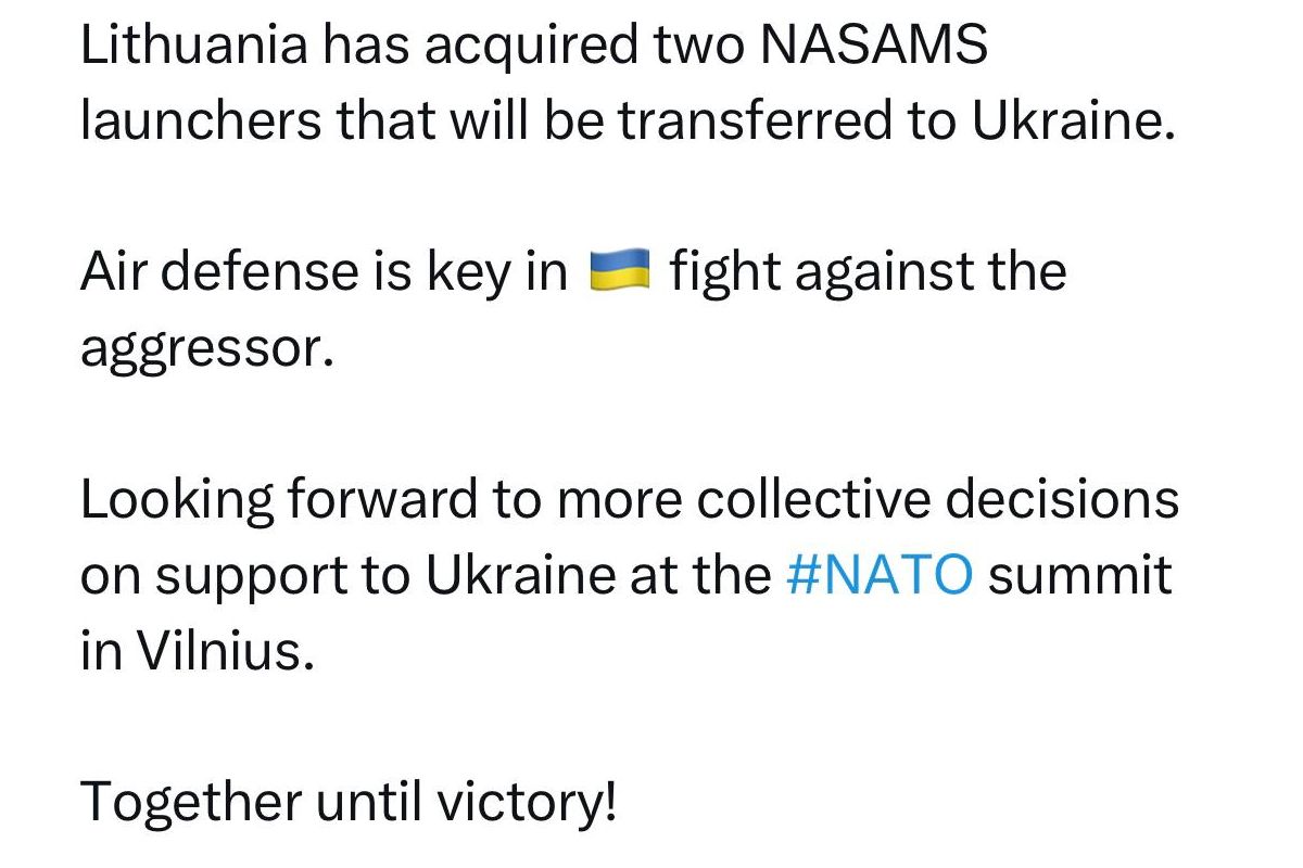 Литва придбала дві установки NASAMS та передасть їх Україні, - президент Науседа Литва придбала дві установки NASAMS та передасть їх Україні, - президент Науседа