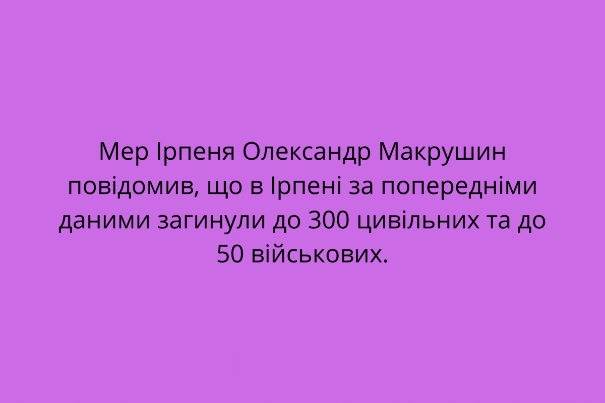 Мер Ірпеня Олександр Макрушин повідомив, що в Ірпені за попередніми даними загинули до 300 цивільних та до 50 військових Мер Ірпеня Олександр Макрушин повідомив, що в Ірпені за попередніми даними загинули до 300 цивільних та до 50 військових